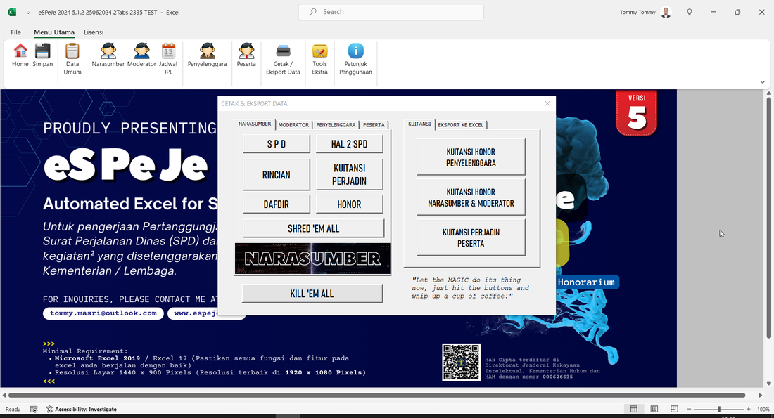 Menu Cetak & Eksport pada Dashboard